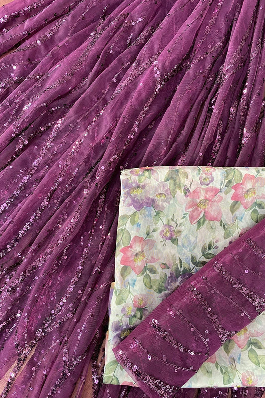 Wine And White Unstitched Lehenga Set Fabric (3 Piece)