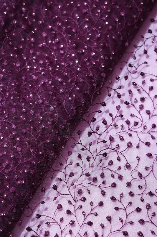 Wine Thread With Gold Sequins Leafy Embroidery On Wine Soft Net Fabric