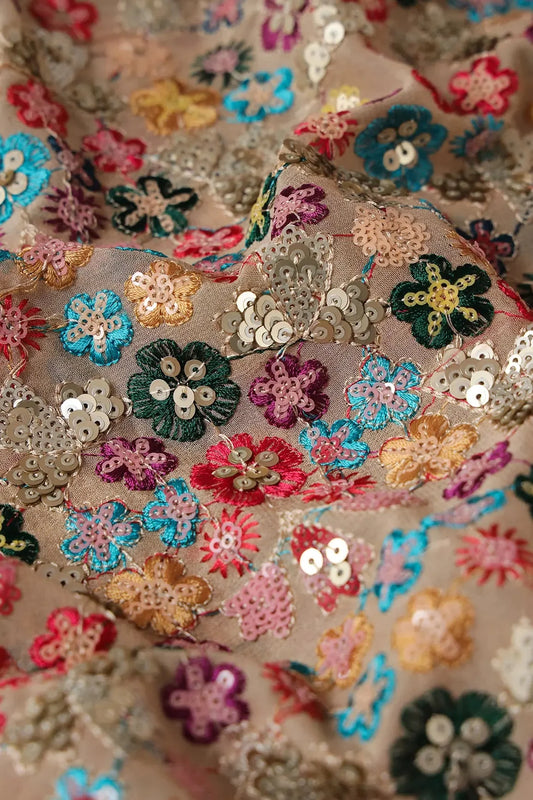 Wonderful Multi Thread With Multi Sequins Floral Embroidery On Beige Viscose Georgette Fabric