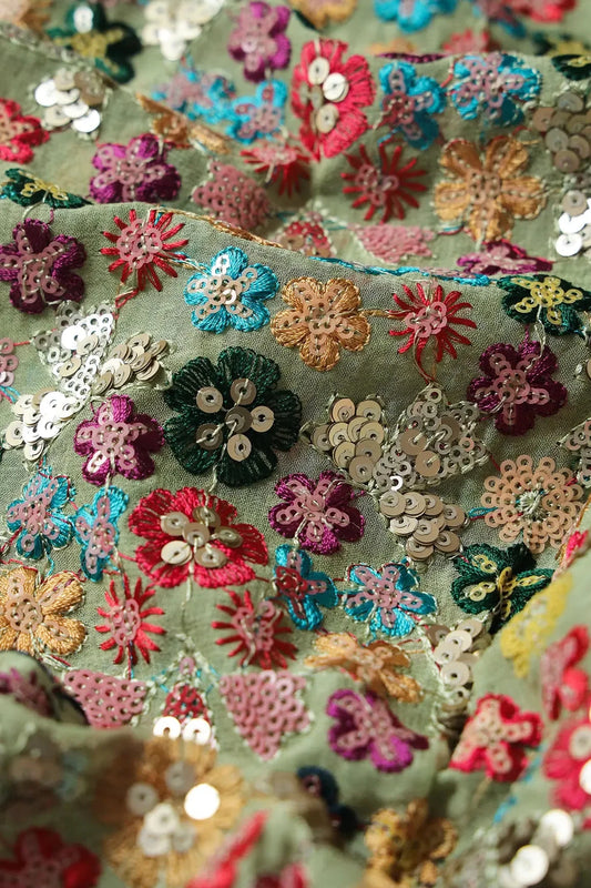 Wonderful Multi Thread With Multi Sequins Floral Embroidery On Olive Viscose Georgette Fabric
