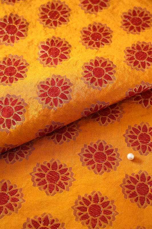Yellow Ochre And Red Floral Butta Silk Gold Zari Banarasi Jacquard Fabric