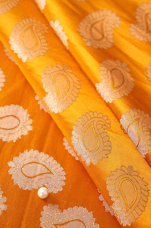 Yellow Ochre Paisley Silk Satin Jute Banarasi Jacquard Fabric