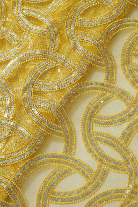 Yellow Thread With Gold And Silver Sequins Geometric Embroidery On Yellow Soft Net Fabric
