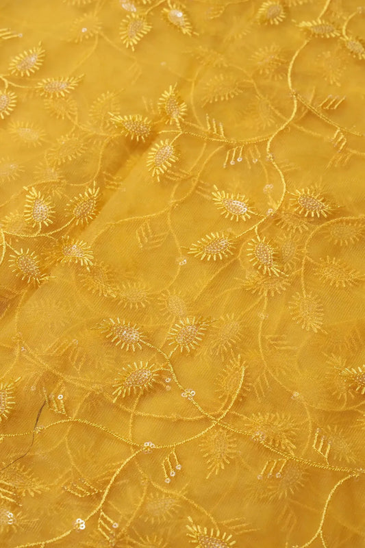 Yellow Thread With Water Sequins Leafy Embroidery On Yellow Soft Net Fabric