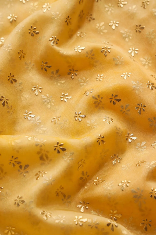 Yellow Tie & Dye Shibori Small Floral Motif Foil Print On Organza Fabric
