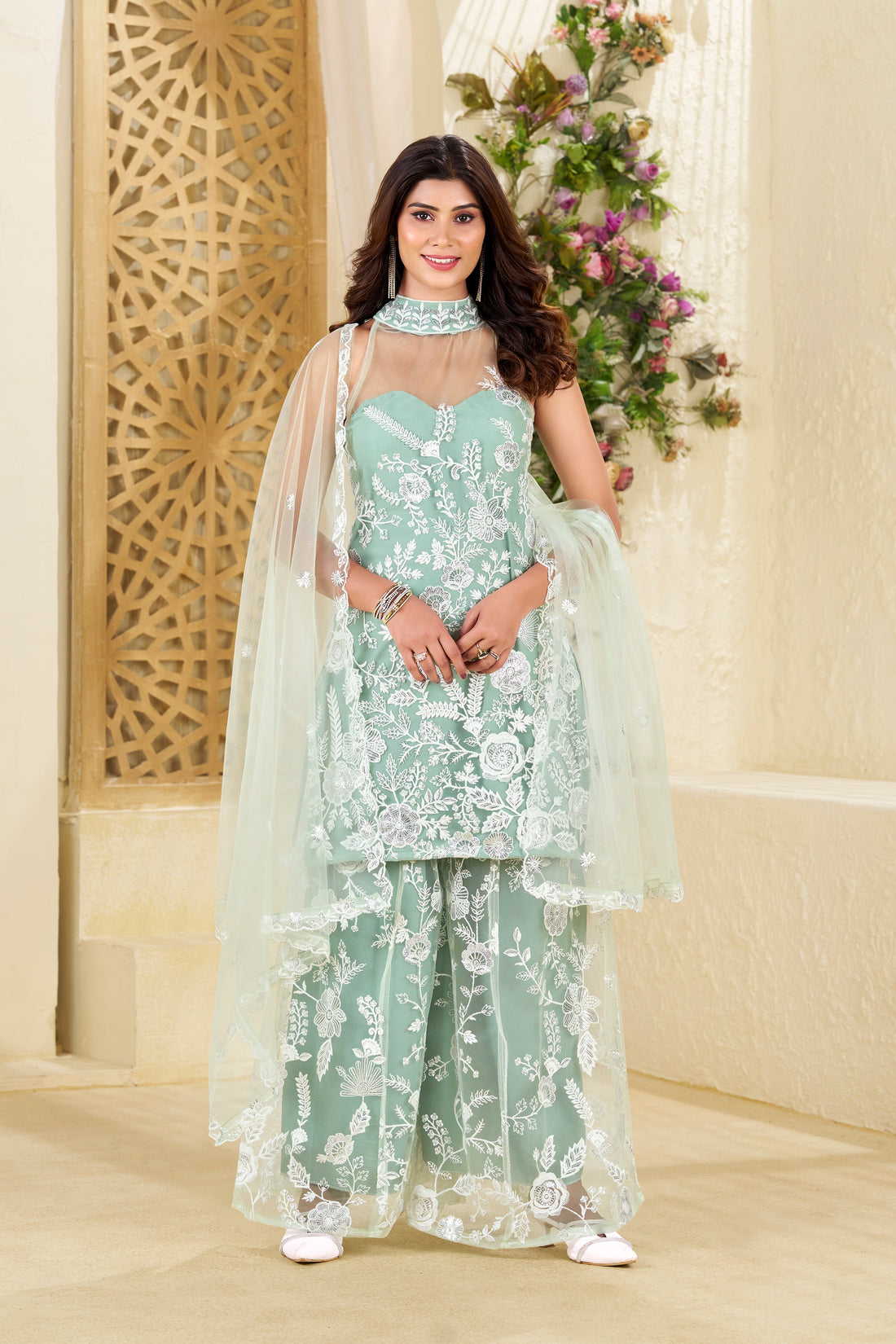 A-Symetrical Light Green Colour Butterfly Net Top With Embellishment Plazzo & Dupatta