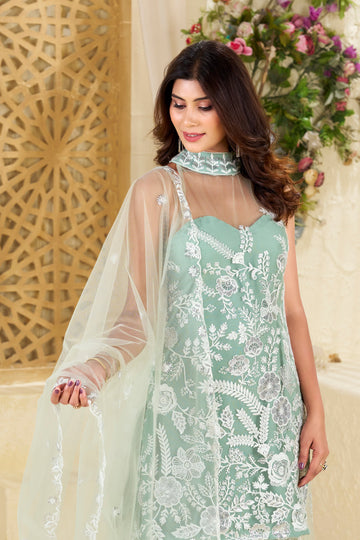A-Symetrical Light Green Colour Butterfly Net Top With Embellishment Plazzo & Dupatta