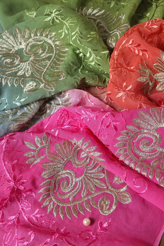 AIzaSyBcstauz-XMPRhEY21AUzeo032pxrXB5Ug - 1 Meter Cut Piece Of Multi Thread With Silver Zari Floral Embroidery On Multi Color Viscose Georgette Fabric