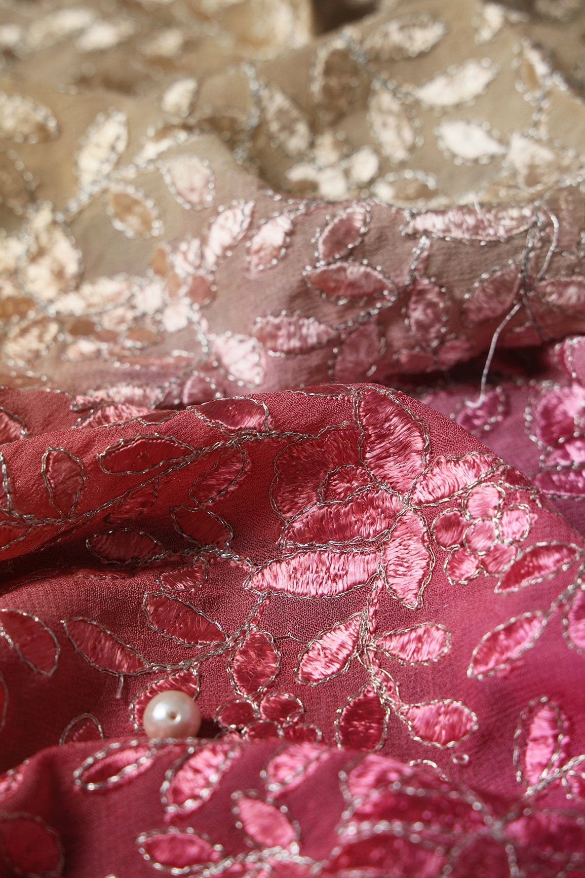 AIzaSyBcstauz-XMPRhEY21AUzeo032pxrXB5Ug - 1 Meter Cut Piece Of Multi Thread With Zari Leafy Embroidery On Multi Color Viscose Georgette Fabric