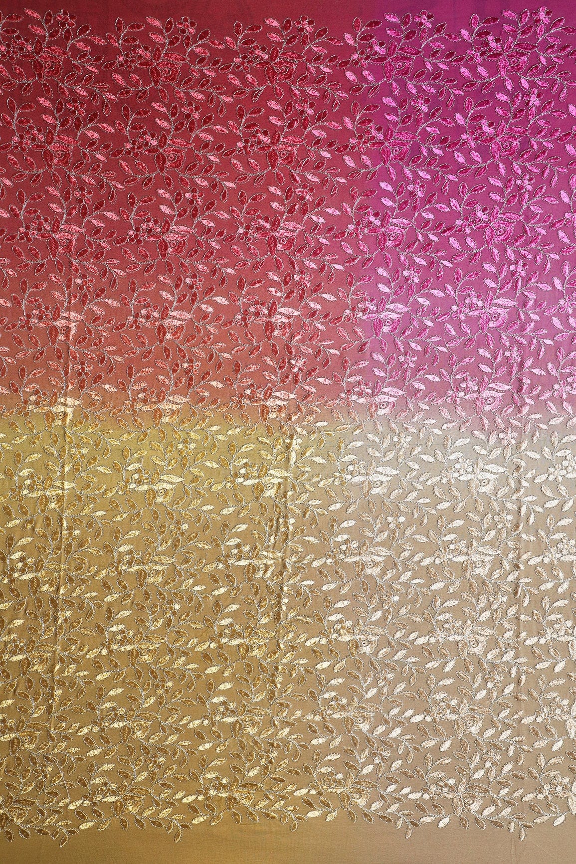 AIzaSyBcstauz-XMPRhEY21AUzeo032pxrXB5Ug - 1 Meter Cut Piece Of Multi Thread With Zari Leafy Embroidery On Multi Color Viscose Georgette Fabric