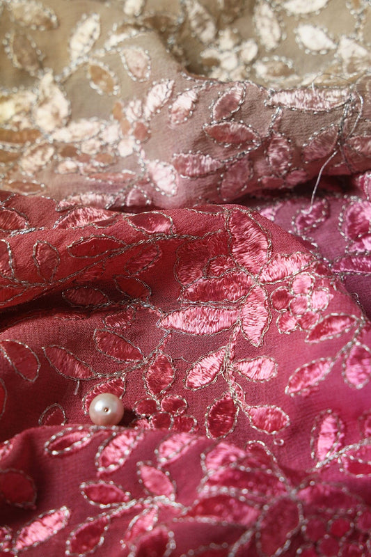 AIzaSyBcstauz-XMPRhEY21AUzeo032pxrXB5Ug - 1 Meter Cut Piece Of Multi Thread With Zari Leafy Embroidery On Multi Color Viscose Georgette Fabric