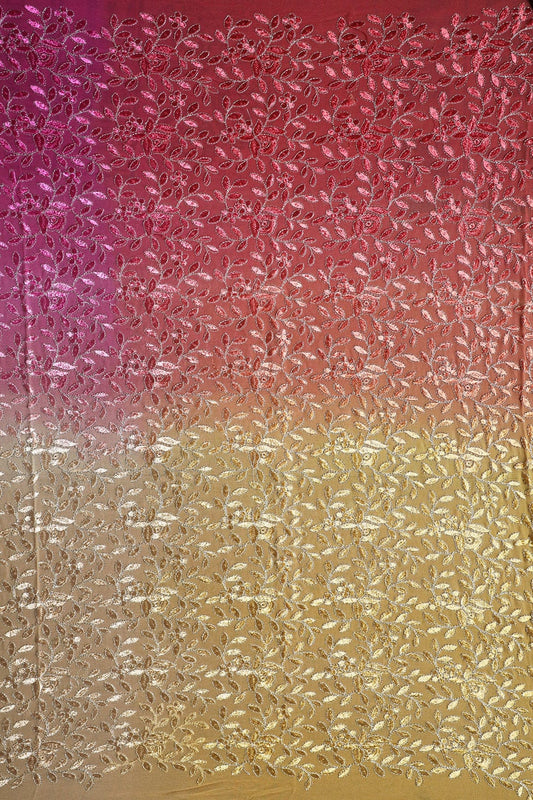 AIzaSyBcstauz-XMPRhEY21AUzeo032pxrXB5Ug - 1 Meter Cut Piece Of Multi Thread With Zari Leafy Embroidery On Multi Color Viscose Georgette Fabric