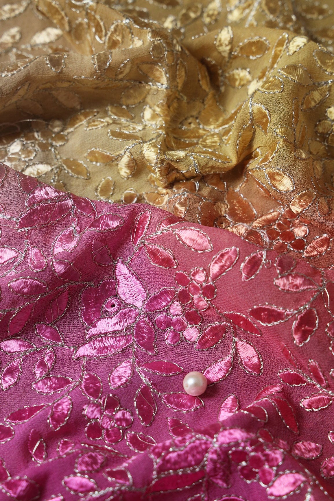 AIzaSyBcstauz-XMPRhEY21AUzeo032pxrXB5Ug - 1 Meter Cut Piece Of Multi Thread With Zari Leafy Embroidery On Multi Color Viscose Georgette Fabric