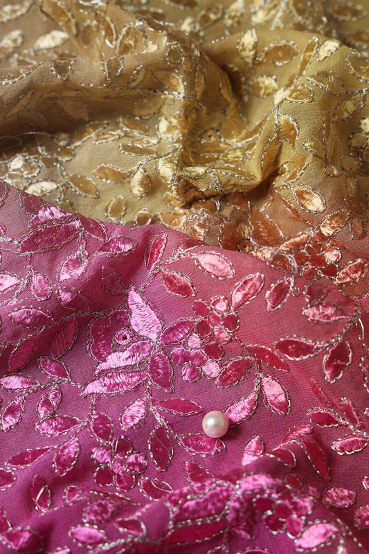 AIzaSyBcstauz-XMPRhEY21AUzeo032pxrXB5Ug - 1 Meter Cut Piece Of Multi Thread With Zari Leafy Embroidery On Multi Color Viscose Georgette Fabric