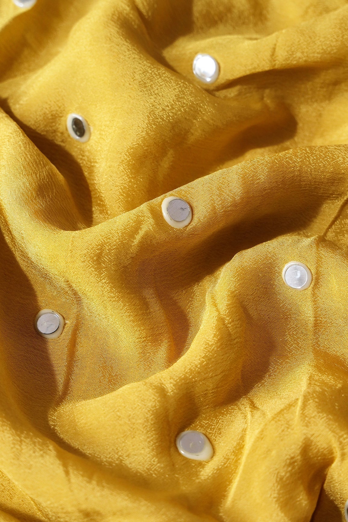 AIzaSyBcstauz-XMPRhEY21AUzeo032pxrXB5Ug - 1 Meter Cut Piece Of Real Mirror Embroidery Work On Yellow Viscose Chinnon Chiffon Fabric