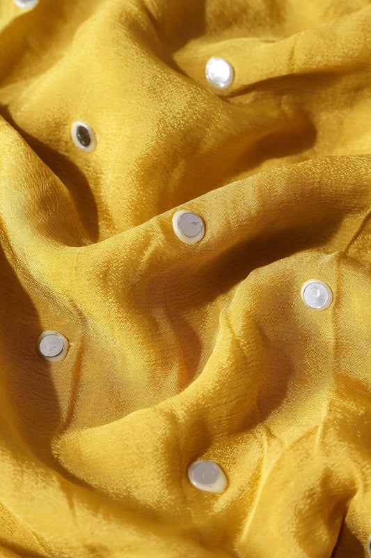 AIzaSyBcstauz-XMPRhEY21AUzeo032pxrXB5Ug - 1 Meter Cut Piece Of Real Mirror Embroidery Work On Yellow Viscose Chinnon Chiffon Fabric