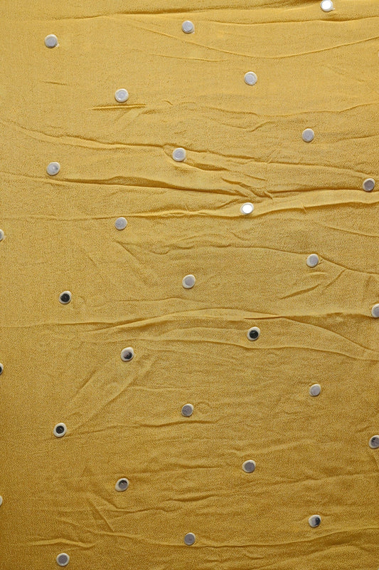 AIzaSyBcstauz-XMPRhEY21AUzeo032pxrXB5Ug - 1 Meter Cut Piece Of Real Mirror Embroidery Work On Yellow Viscose Chinnon Chiffon Fabric