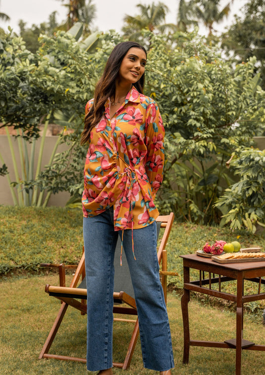 AIzaSyBcstauz-XMPRhEY21AUzeo032pxrXB5Ug - Amalia Floral Mustard Drawstring Crepe Shirt