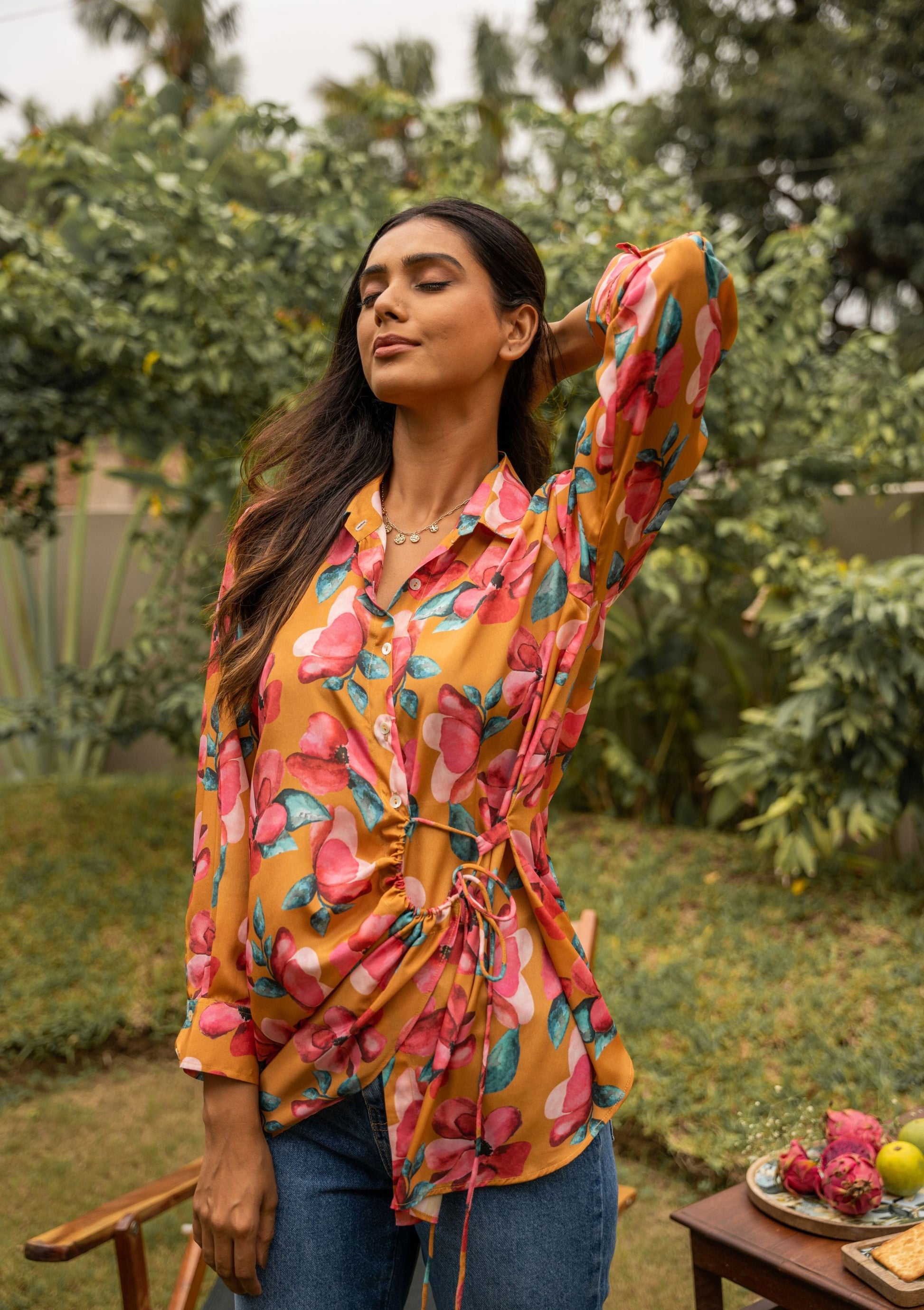 AIzaSyBcstauz-XMPRhEY21AUzeo032pxrXB5Ug - Amalia Floral Mustard Drawstring Crepe Shirt