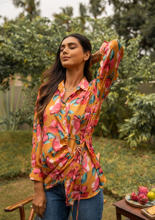 AIzaSyBcstauz-XMPRhEY21AUzeo032pxrXB5Ug - Amalia Floral Mustard Drawstring Crepe Shirt