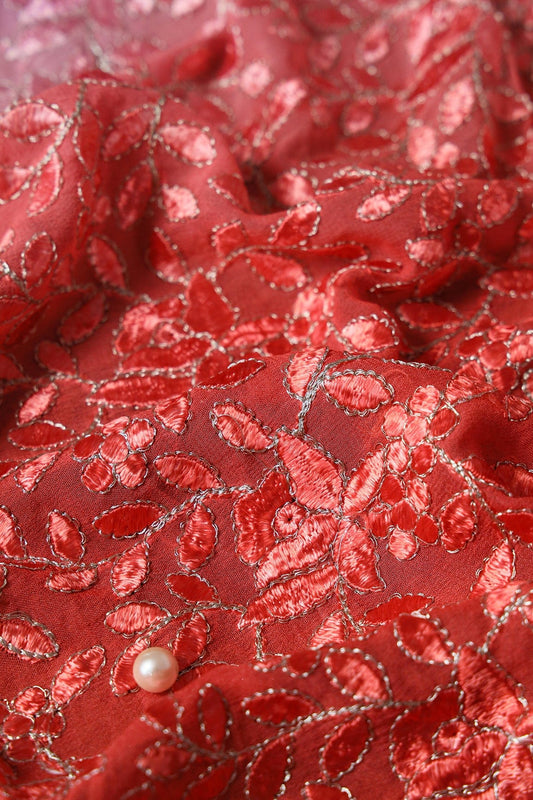 AIzaSyBcstauz-XMPRhEY21AUzeo032pxrXB5Ug - 1.25 Meter Cut Piece Of Multi Thread With Zari Leafy Embroidery On Multi Color Viscose Georgette Fabric