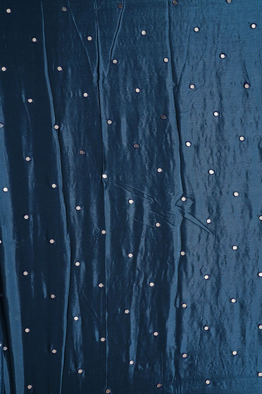 AIzaSyBcstauz-XMPRhEY21AUzeo032pxrXB5Ug - 1.25 Meter Cut Piece Of Real Mirror Embroidery Work On Prussian Blue Viscose Chinnon Chiffon Fabric