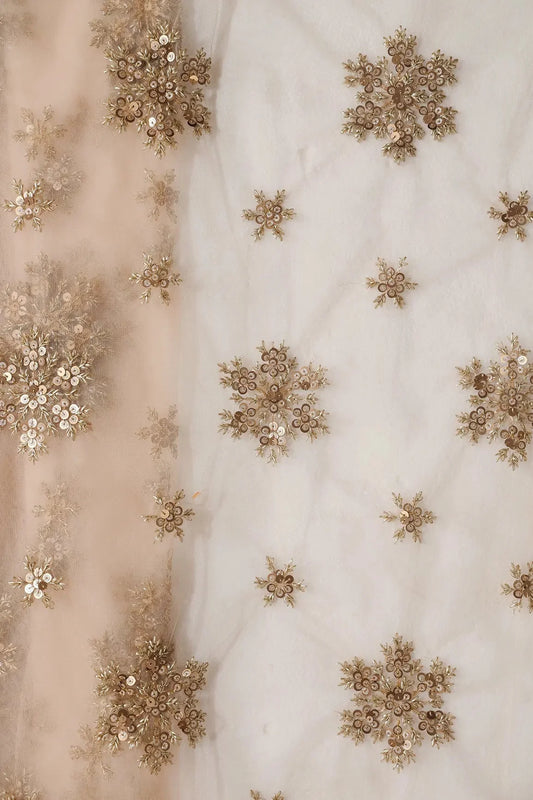 AIzaSyBcstauz-XMPRhEY21AUzeo032pxrXB5Ug - 1.50 Meter Cut Piece Of Gold Sequins Floral Embroidery On Beige Soft Net Fabric