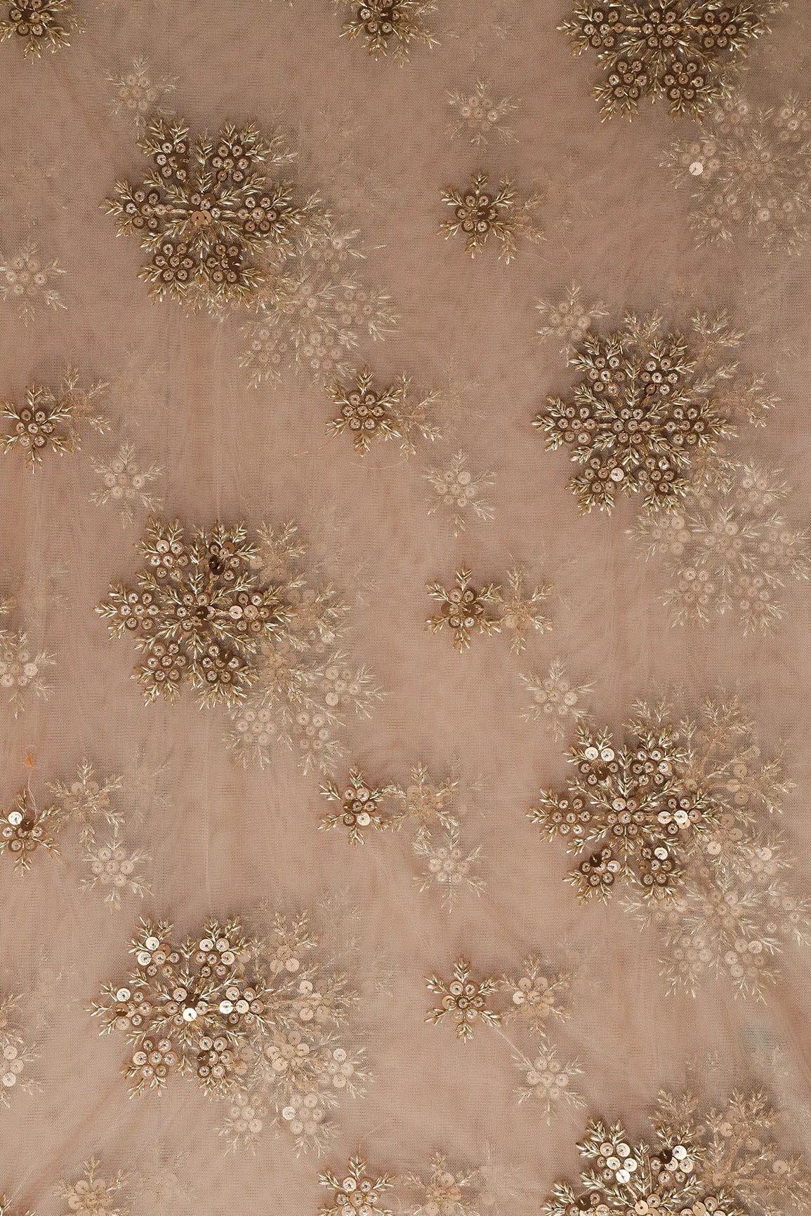 AIzaSyBcstauz-XMPRhEY21AUzeo032pxrXB5Ug - 1.50 Meter Cut Piece Of Gold Sequins Floral Embroidery On Beige Soft Net Fabric