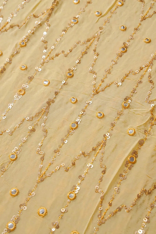 AIzaSyBcstauz-XMPRhEY21AUzeo032pxrXB5Ug - 1.50 Meter Cut Piece Of Gold Sequins With Yellow Thread Faux Mirror Embroidery Work On Yellow Chinnon Chiffon Fabric