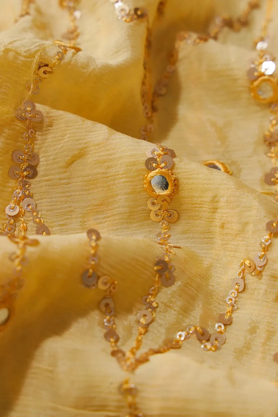AIzaSyBcstauz-XMPRhEY21AUzeo032pxrXB5Ug - 1.50 Meter Cut Piece Of Gold Sequins With Yellow Thread Faux Mirror Embroidery Work On Yellow Chinnon Chiffon Fabric