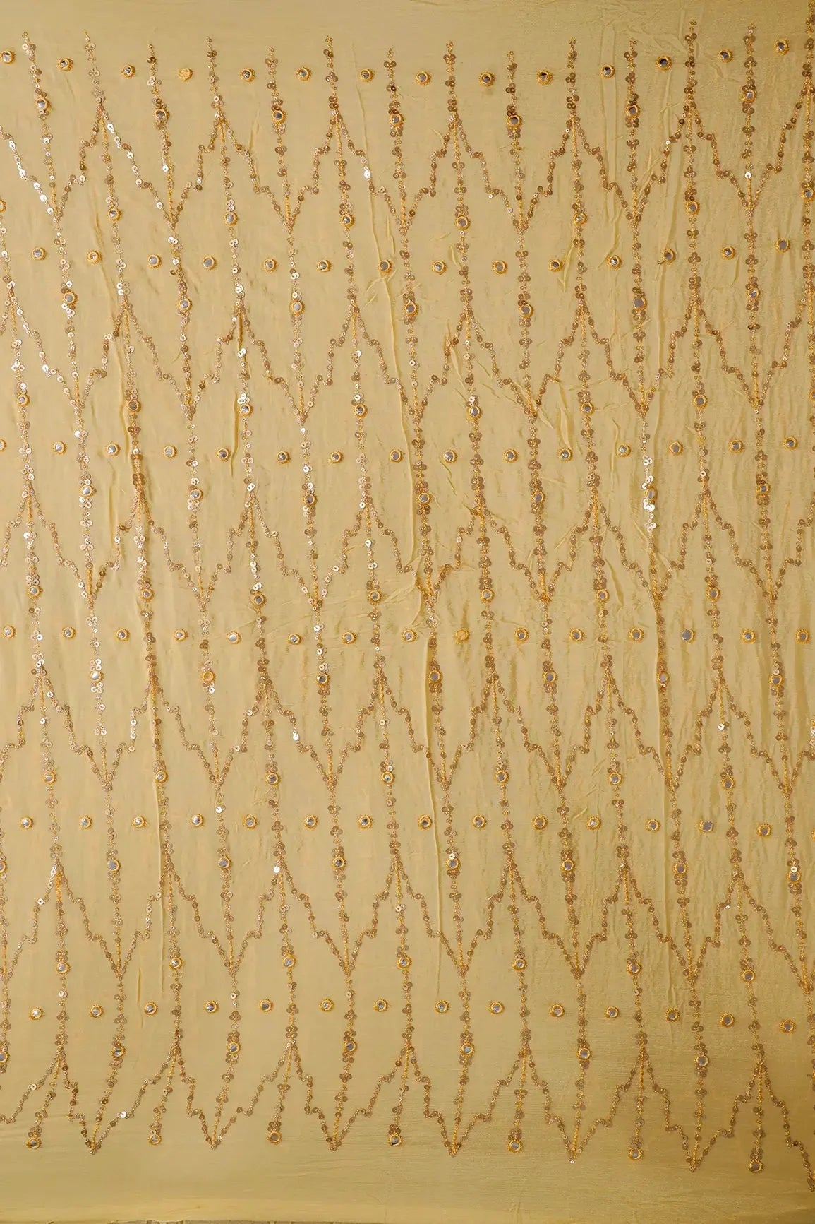 AIzaSyBcstauz-XMPRhEY21AUzeo032pxrXB5Ug - 1.50 Meter Cut Piece Of Gold Sequins With Yellow Thread Faux Mirror Embroidery Work On Yellow Chinnon Chiffon Fabric