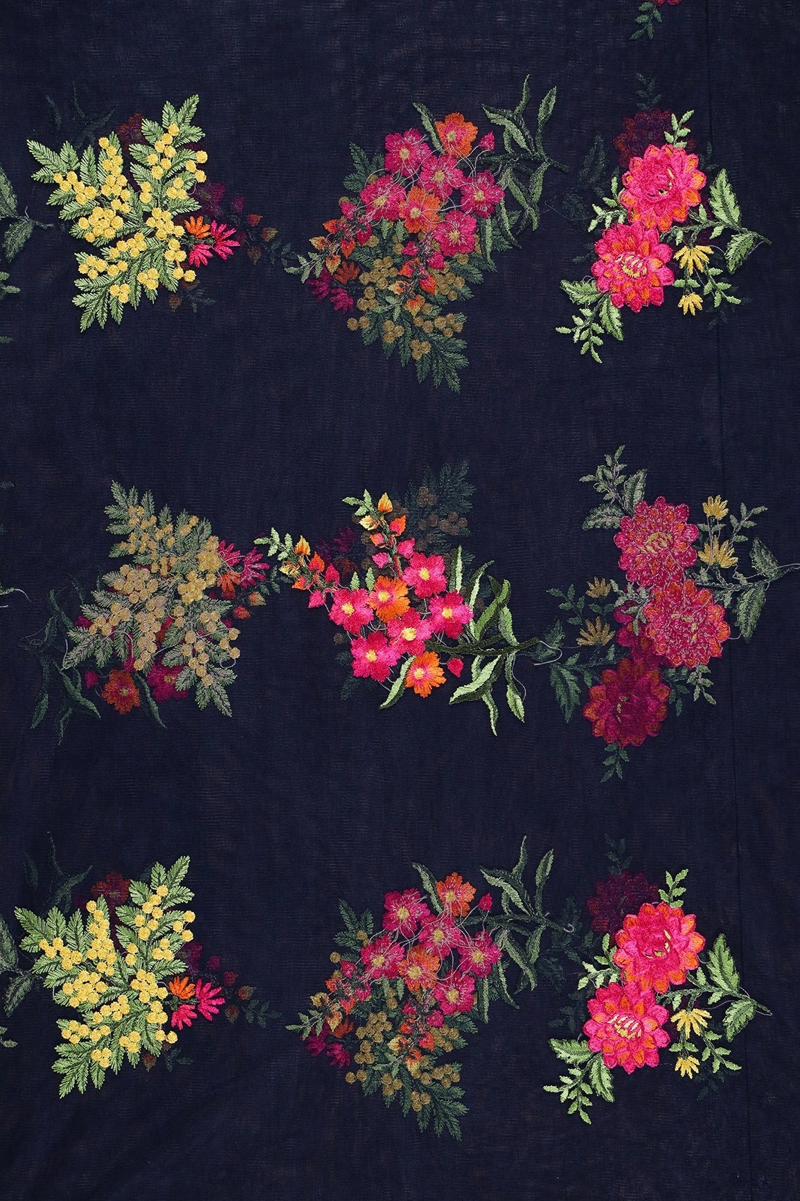 AIzaSyBcstauz-XMPRhEY21AUzeo032pxrXB5Ug - 1.50 Meter Cut Piece Of Multi Thread Floral Embroidery On Navy Blue Soft Net Fabric