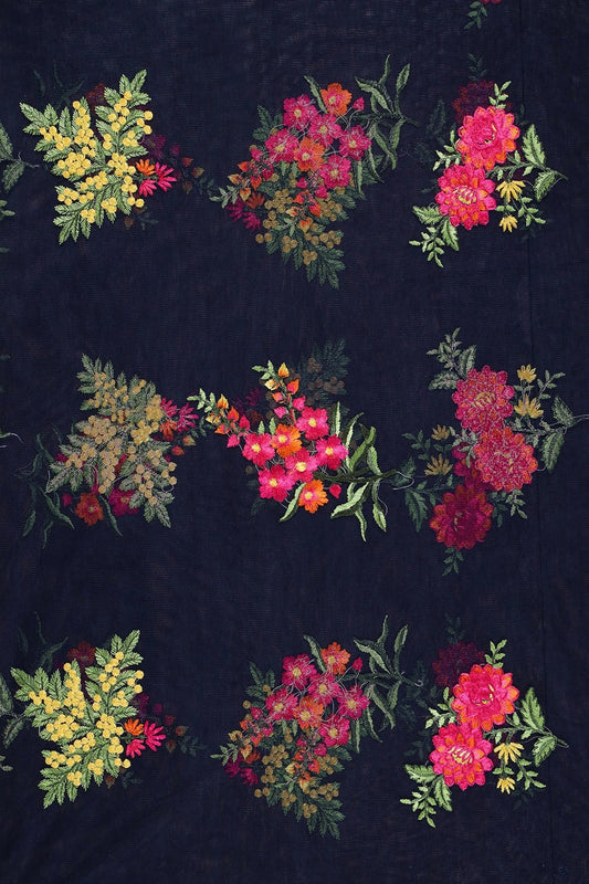 AIzaSyBcstauz-XMPRhEY21AUzeo032pxrXB5Ug - 1.50 Meter Cut Piece Of Multi Thread Floral Embroidery On Navy Blue Soft Net Fabric