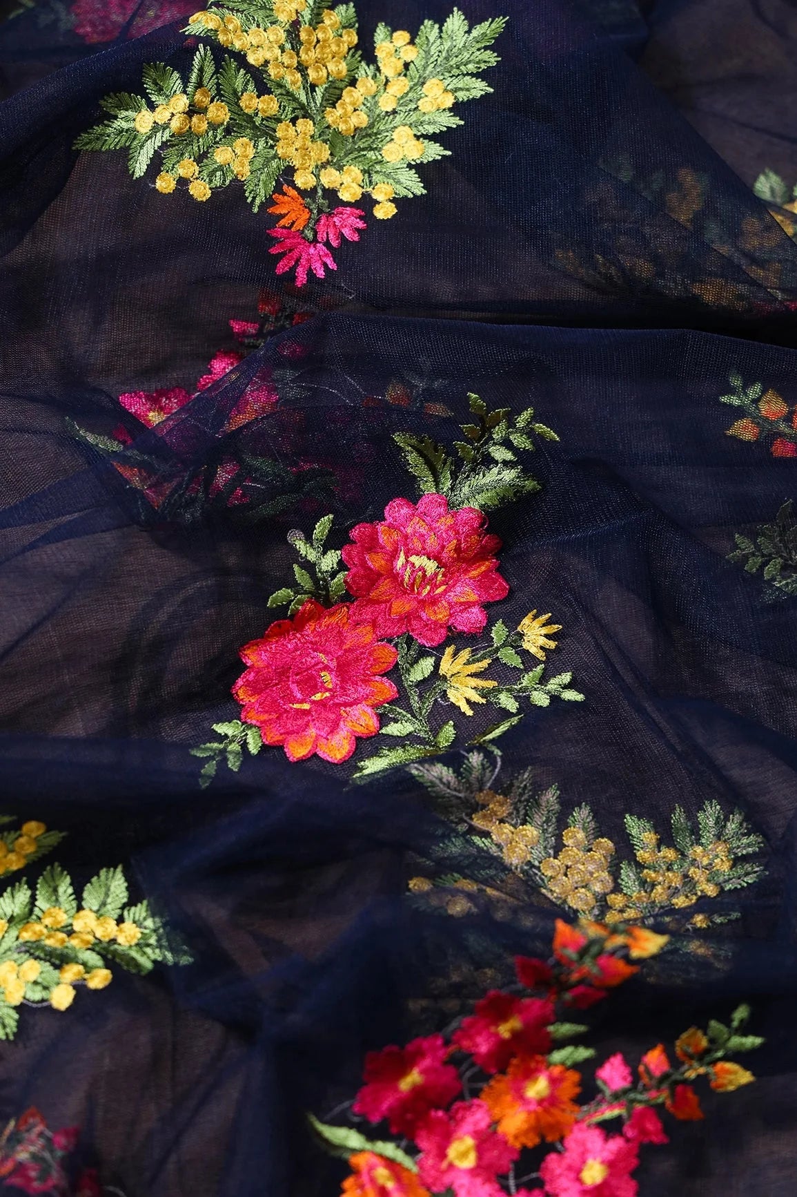 AIzaSyBcstauz-XMPRhEY21AUzeo032pxrXB5Ug - 1.50 Meter Cut Piece Of Multi Thread Floral Embroidery On Navy Blue Soft Net Fabric