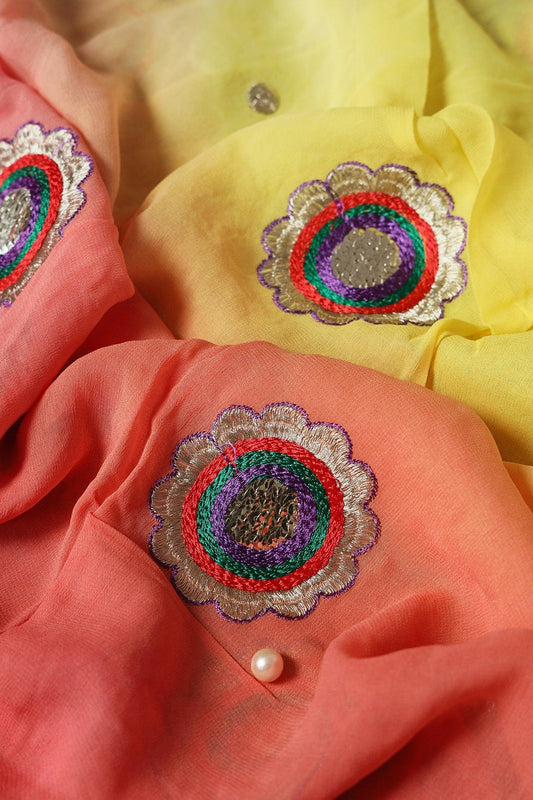 AIzaSyBcstauz-XMPRhEY21AUzeo032pxrXB5Ug - 1.50 Meter Cut Piece Of Multi Thread With Gold Zari Floral Embroidery On Multi Color Viscose Georgette Fabric