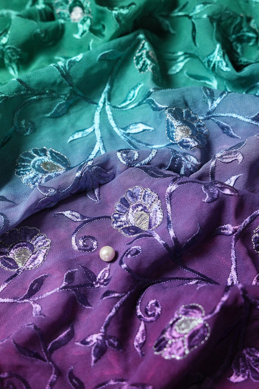 AIzaSyBcstauz-XMPRhEY21AUzeo032pxrXB5Ug - 1.50 Meter Cut Piece Of Multi Thread With Zari Floral Embroidery On Multi Color Viscose Georgette Fabric