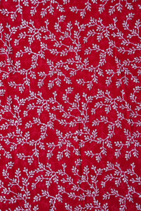 AIzaSyBcstauz-XMPRhEY21AUzeo032pxrXB5Ug - 1.70 Meter Cut Piece Of White Thread With Gold Sequins Leafy Embroidery On Red Georgette Fabric