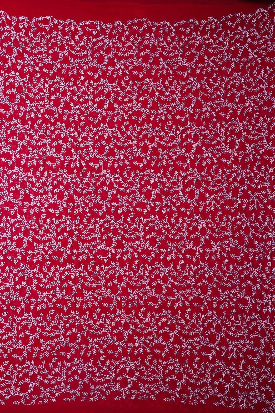 AIzaSyBcstauz-XMPRhEY21AUzeo032pxrXB5Ug - 1.70 Meter Cut Piece Of White Thread With Gold Sequins Leafy Embroidery On Red Georgette Fabric