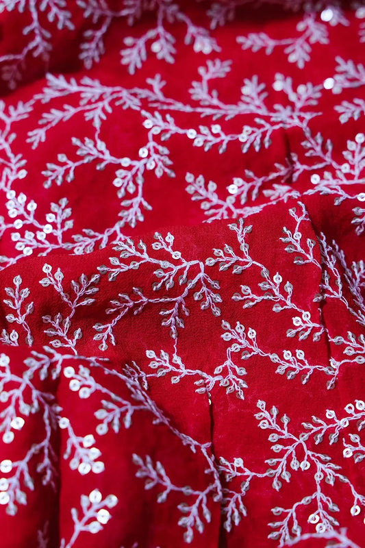 AIzaSyBcstauz-XMPRhEY21AUzeo032pxrXB5Ug - 1.70 Meter Cut Piece Of White Thread With Gold Sequins Leafy Embroidery On Red Georgette Fabric