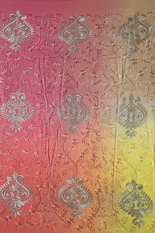 AIzaSyBcstauz-XMPRhEY21AUzeo032pxrXB5Ug - 1.75 Meter Cut Piece Of Multi Thread With Silver Zari Floral Embroidery On Multi Color Viscose Georgette Fabric