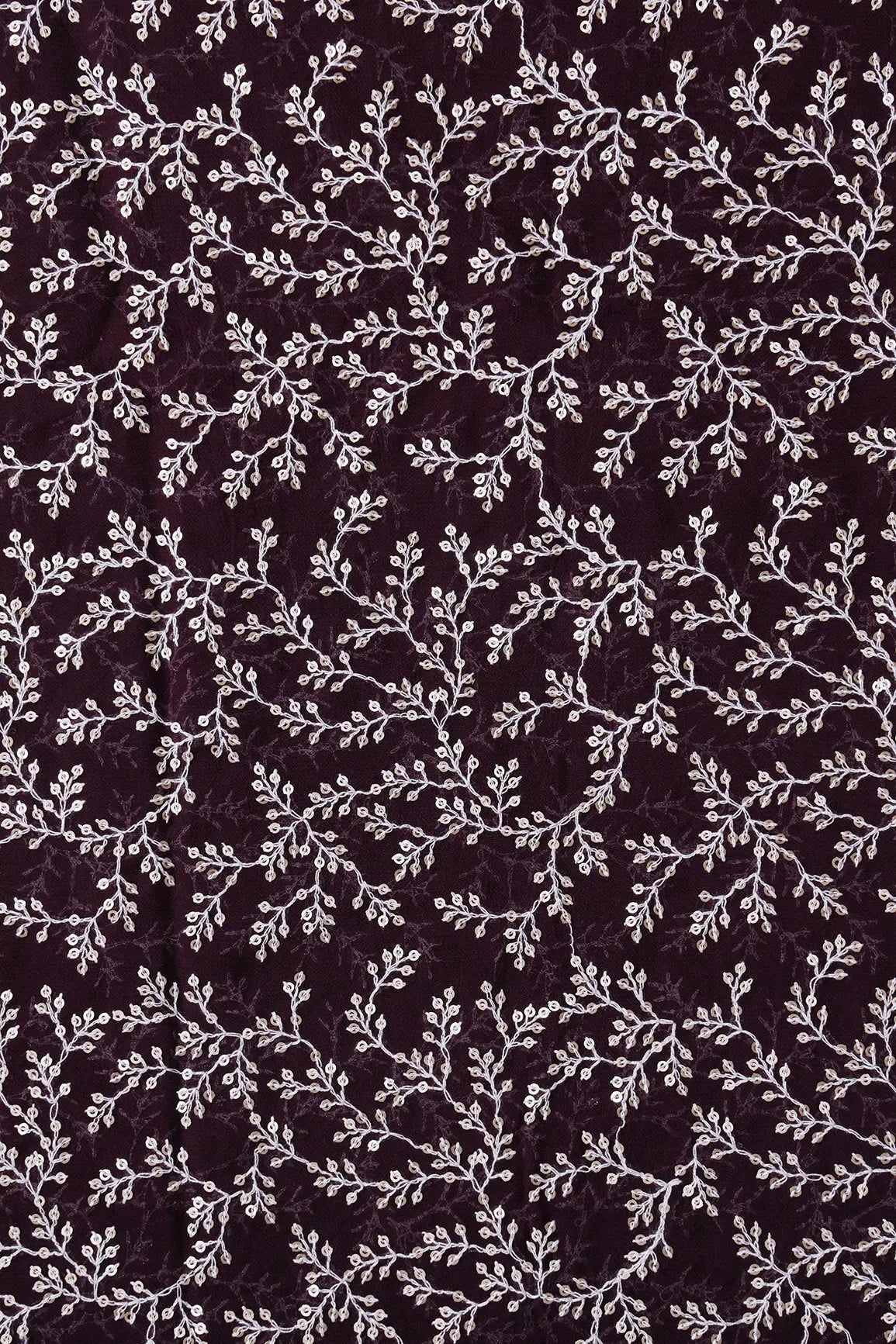 AIzaSyBcstauz-XMPRhEY21AUzeo032pxrXB5Ug - 1.75 Meter Cut Piece Of White Thread With Gold Sequins Leafy Embroidery On Wine Georgette Fabric