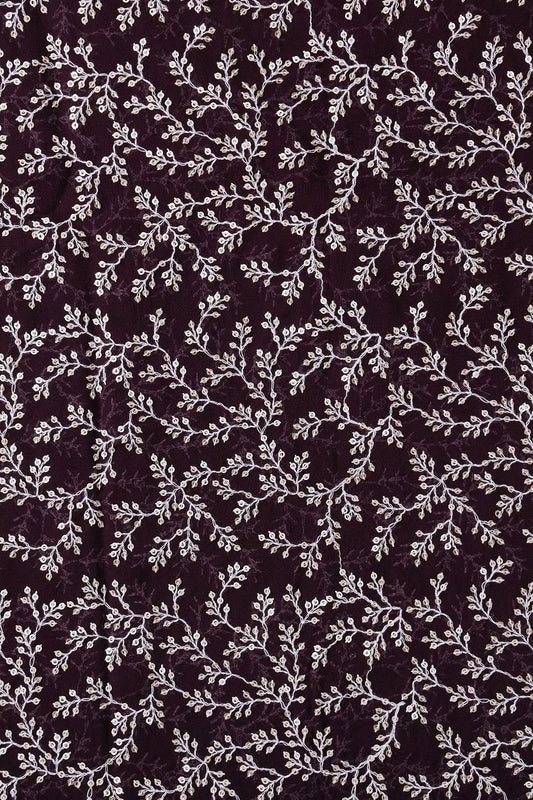 AIzaSyBcstauz-XMPRhEY21AUzeo032pxrXB5Ug - 1.75 Meter Cut Piece Of White Thread With Gold Sequins Leafy Embroidery On Wine Georgette Fabric