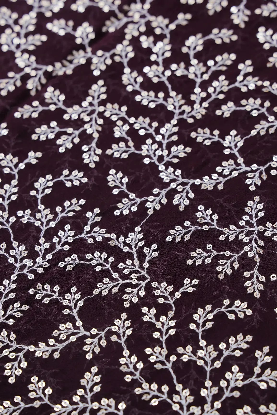 AIzaSyBcstauz-XMPRhEY21AUzeo032pxrXB5Ug - 1.75 Meter Cut Piece Of White Thread With Gold Sequins Leafy Embroidery On Wine Georgette Fabric