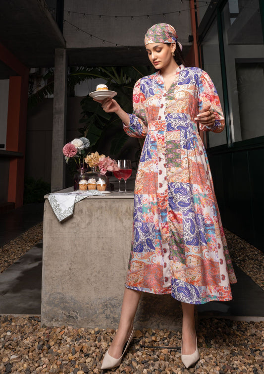 Mosaic Paisley Patch Print Long Crepe Dress