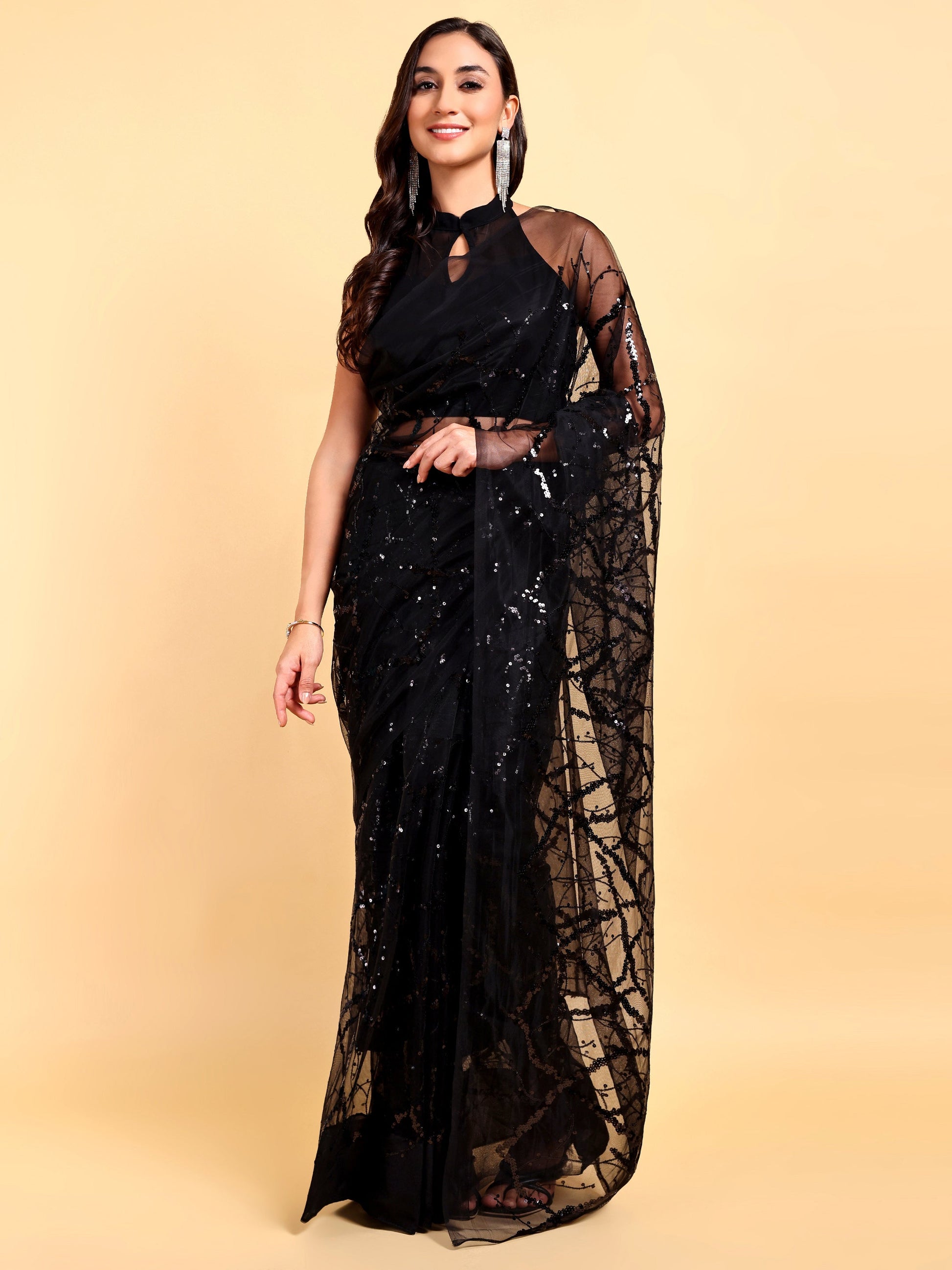 AIzaSyBcstauz-XMPRhEY21AUzeo032pxrXB5Ug - Black Net Saree Set (2 Piece)