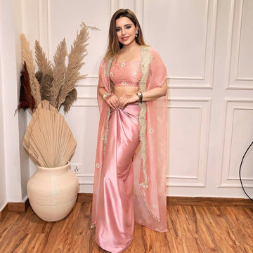 Pleasant Party Wear Cape Draped Shrug Skirt With Blouse