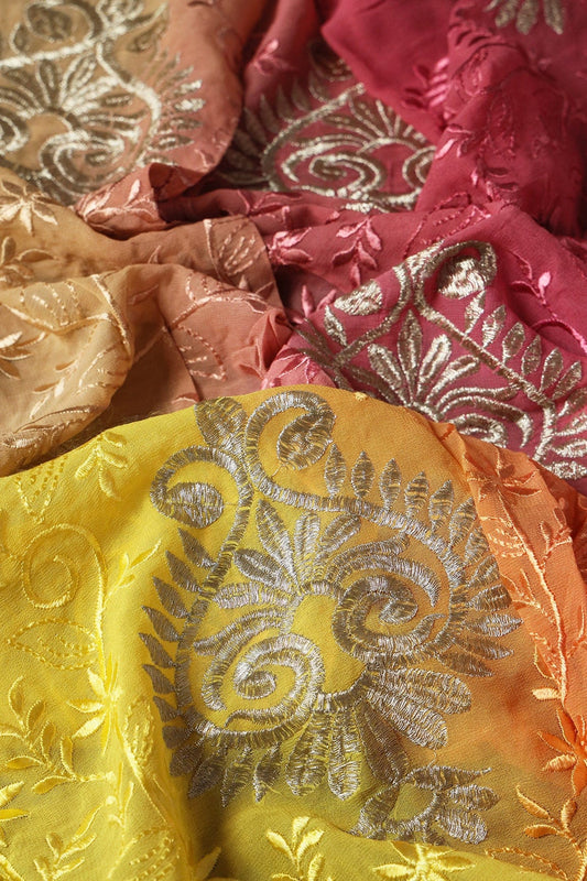 AIzaSyBcstauz-XMPRhEY21AUzeo032pxrXB5Ug - 2 Meter Cut Piece Of Multi Thread With Silver Zari Floral Embroidery On Multi Color Viscose Georgette Fabric