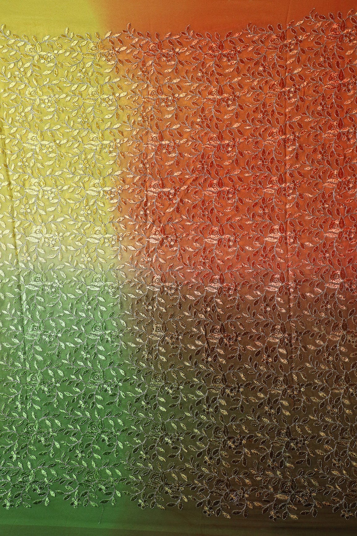 AIzaSyBcstauz-XMPRhEY21AUzeo032pxrXB5Ug - 2 Meter Cut Piece Of Multi Thread With Zari Leafy Embroidery On Multi Color Viscose Georgette Fabric