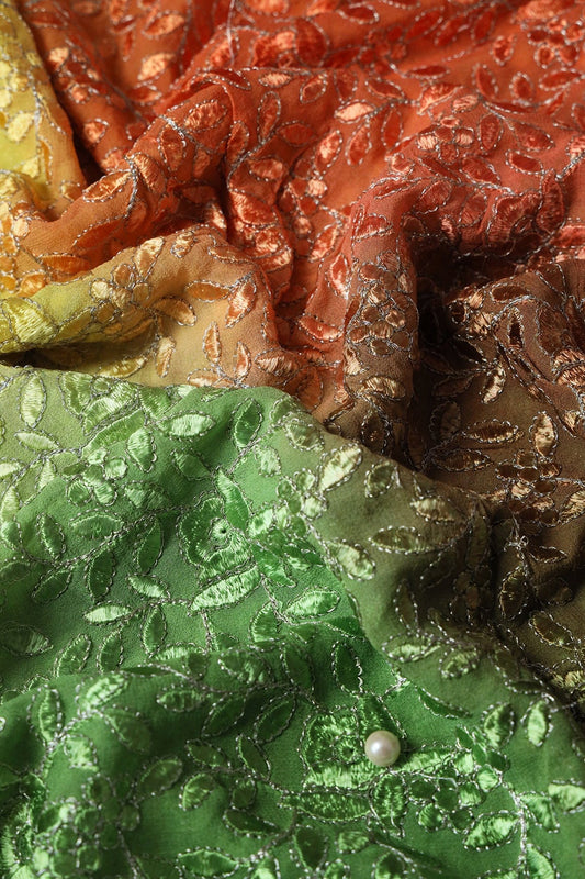 AIzaSyBcstauz-XMPRhEY21AUzeo032pxrXB5Ug - 2 Meter Cut Piece Of Multi Thread With Zari Leafy Embroidery On Multi Color Viscose Georgette Fabric
