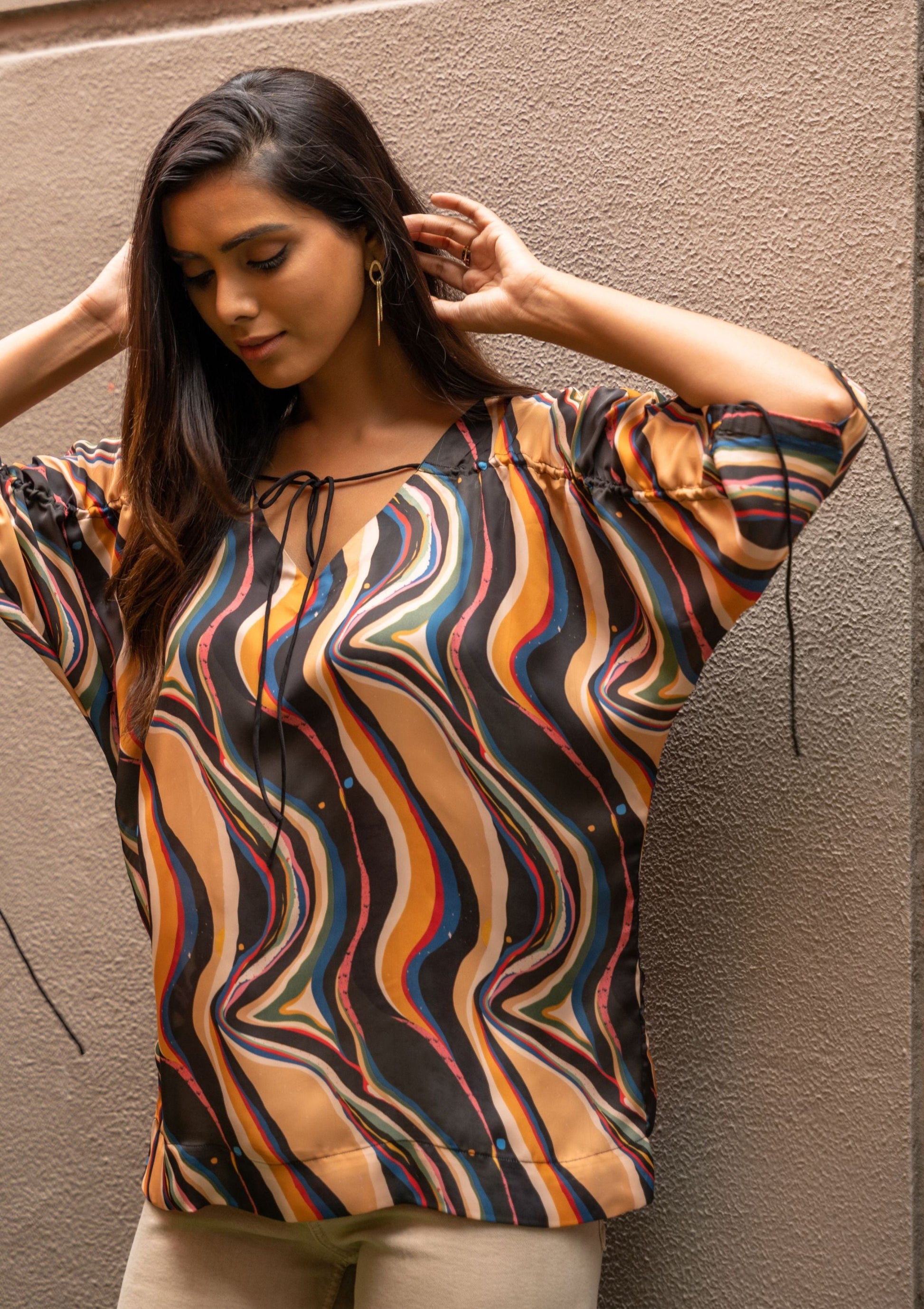 AIzaSyBcstauz-XMPRhEY21AUzeo032pxrXB5Ug - Galaxy Abstract Drawstring Satin Top